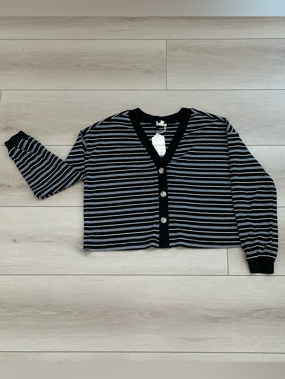 Hem & Thread V-neck Button Up Striped Black & White Cropped Cardigan Sweater NWT